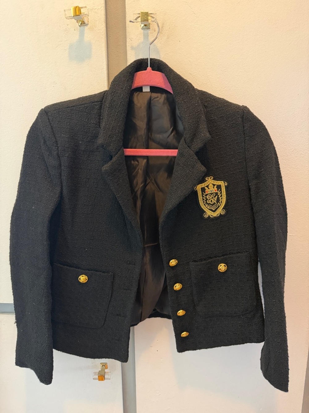 Black Tweed Crest-Embroidered Women's Blazer Jacket